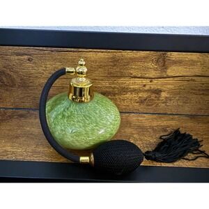 Vintage Green Swirl Art Glass Perfume Atomizer Bottle Gold Tone Pump Tassel DS